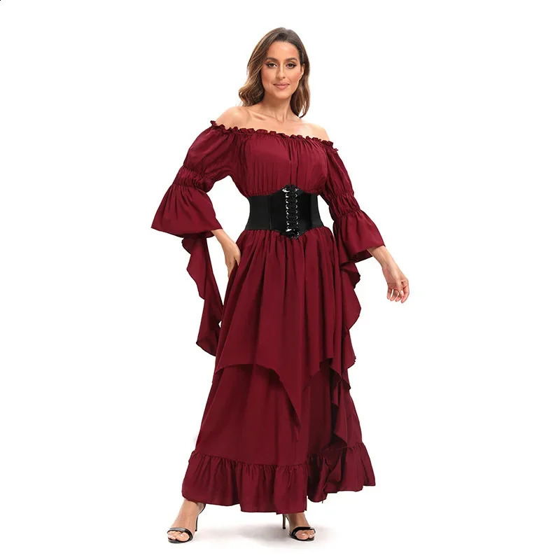 Retro womens shoulder tight corset waist Halloween dress in red black and green w240824