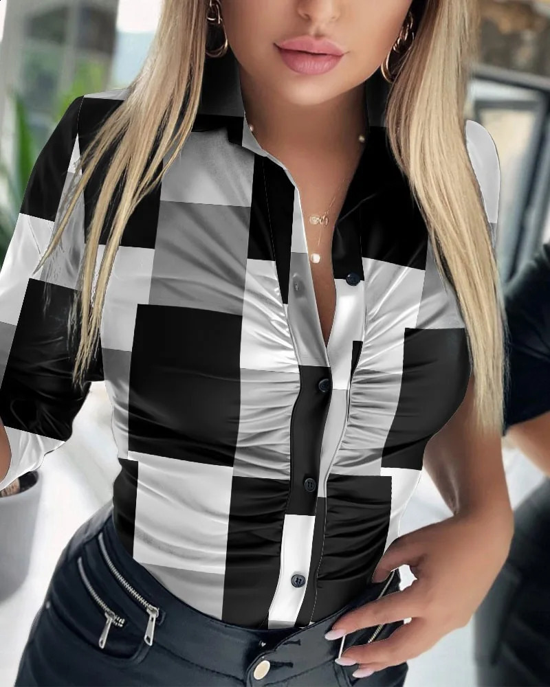 Women Solid Pu Leather Blouses Spring Autumn Turn-Down Collar Button Shirts Ladies Casual Ruched Long Sleeve Blouse 240823