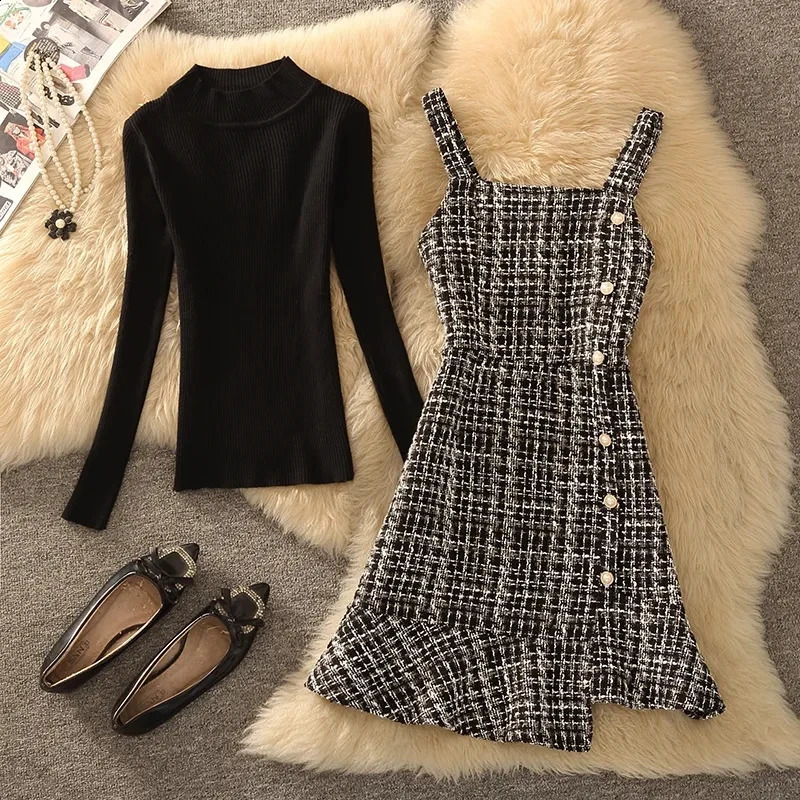 Autumn Winter Women Graceful Pink Tweed Vest Dress Sweater 1 or 2 Piece Set Asymmetric Overall Tank Dresses Knit Tops Outfits 240823