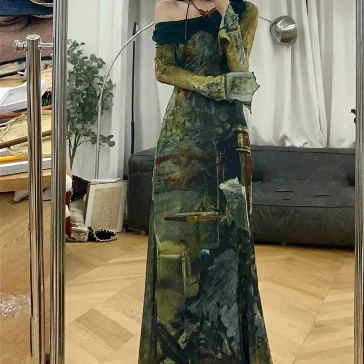 Elegant Vintage Green Print Dresses Y2k Skew Collar Long Sleeve Dress for Women Spring Slim Fit Bodycon Vestidos Mujer 240822