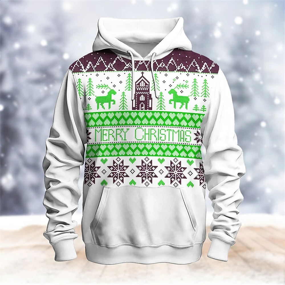 Mens Christmas Fun Elk Graphic Printed Hoodie Mens Street Casual Clothing Mens Winter Warm Hoodie Mens Fashion Crewneck Top 240823