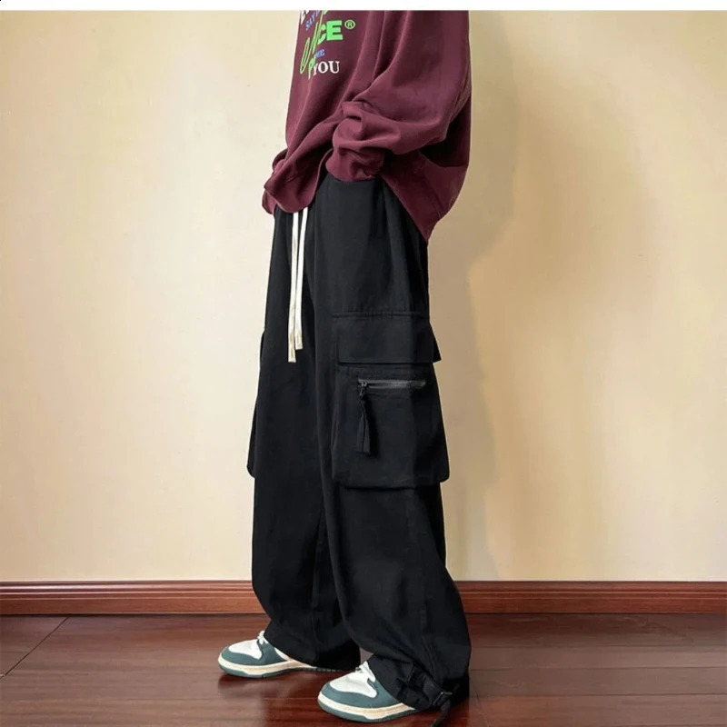 Mens Spring and Autumn Solid Color Elastic High Waist Pocket Casual Preparatory Style Zipper Drawstring Boyfriend Pants 240823