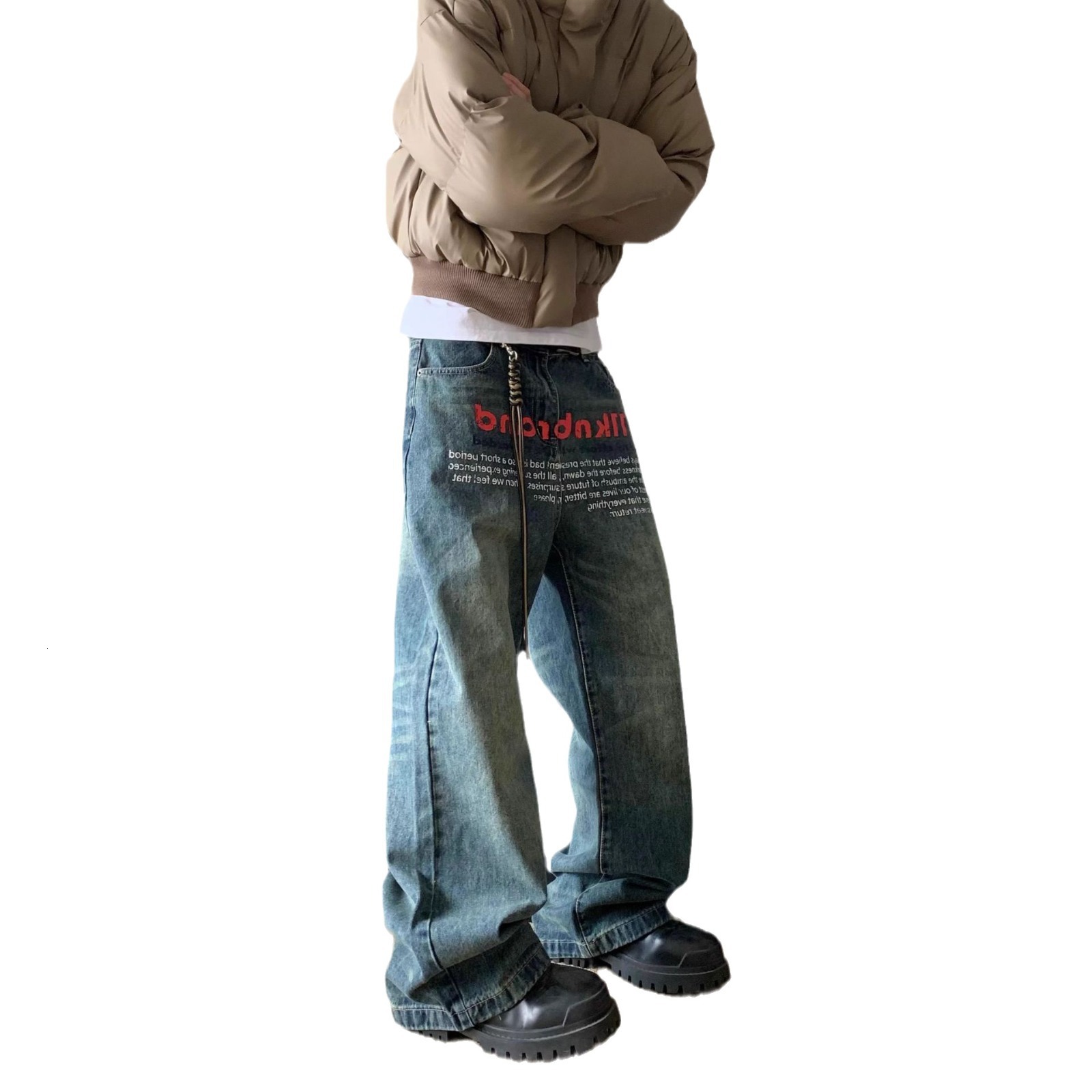 American Washed Vintage Printed Jeans Trendy Mens Spring New Style Loose Design Straight Leg Pants