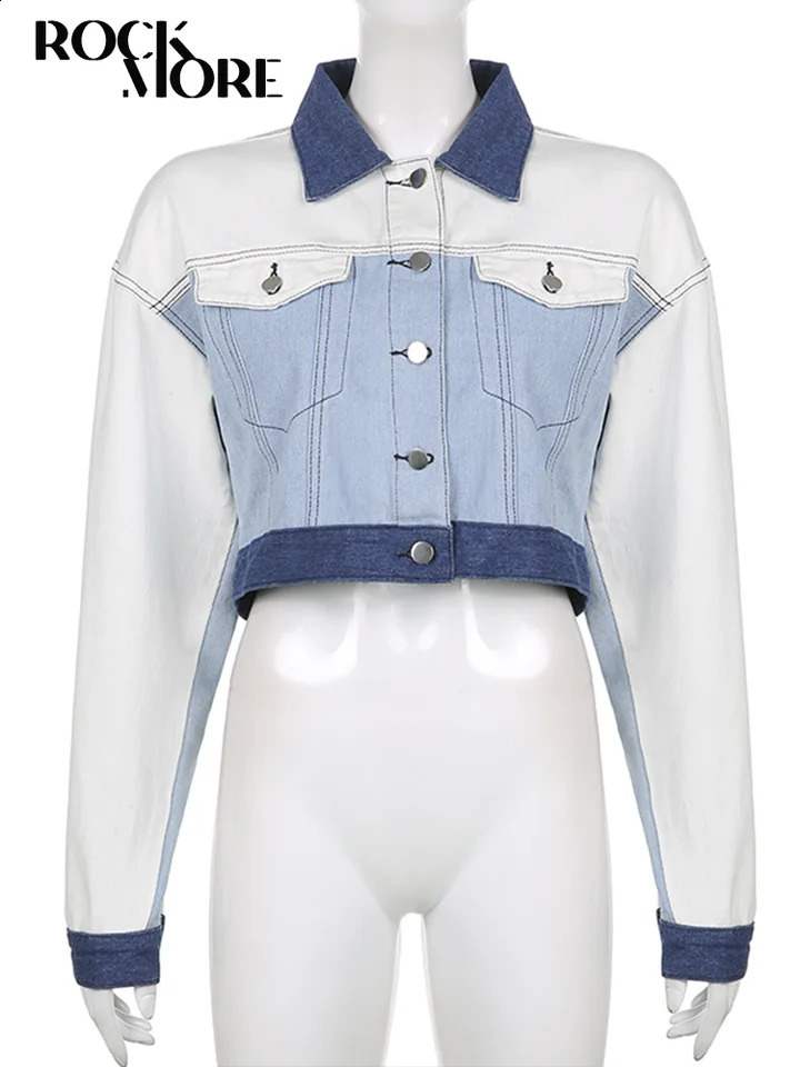 Rockmore Contrast Patchwork Denim Jackets Korean Fashion Streetwear Pockets Cropped Jean WomenS Coats y2k Casual Outerwear 240823