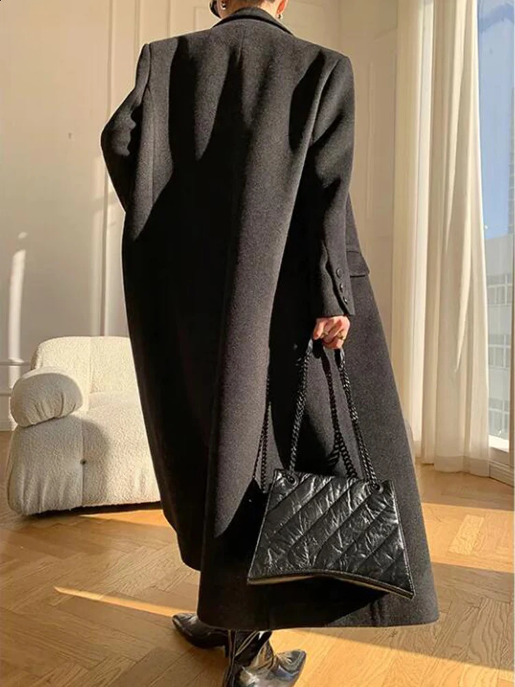 Long Wool Coat Women Elegant Woolen Blazer Jackets Vintage Korean Slim Suit Overcoat Winter Office Lady Casual Outwear 240822