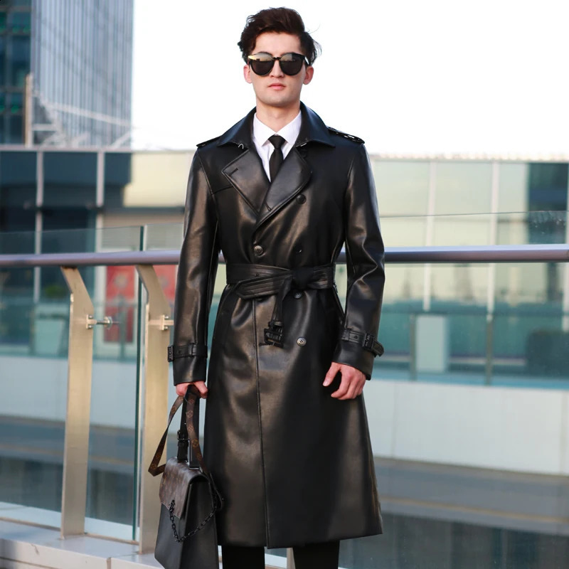 mens leather trench coat long knee length double breasted classic british fashion jacket thickened down vest leather windbre 240822