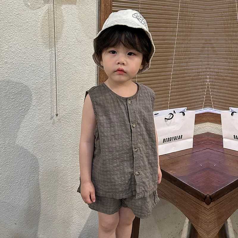 Summer Boys Clothes Set Childrens Summer Set Boys Pure Cotton Thin 2024 Girls Korean Casual Baby Tank Top Shorts W250218