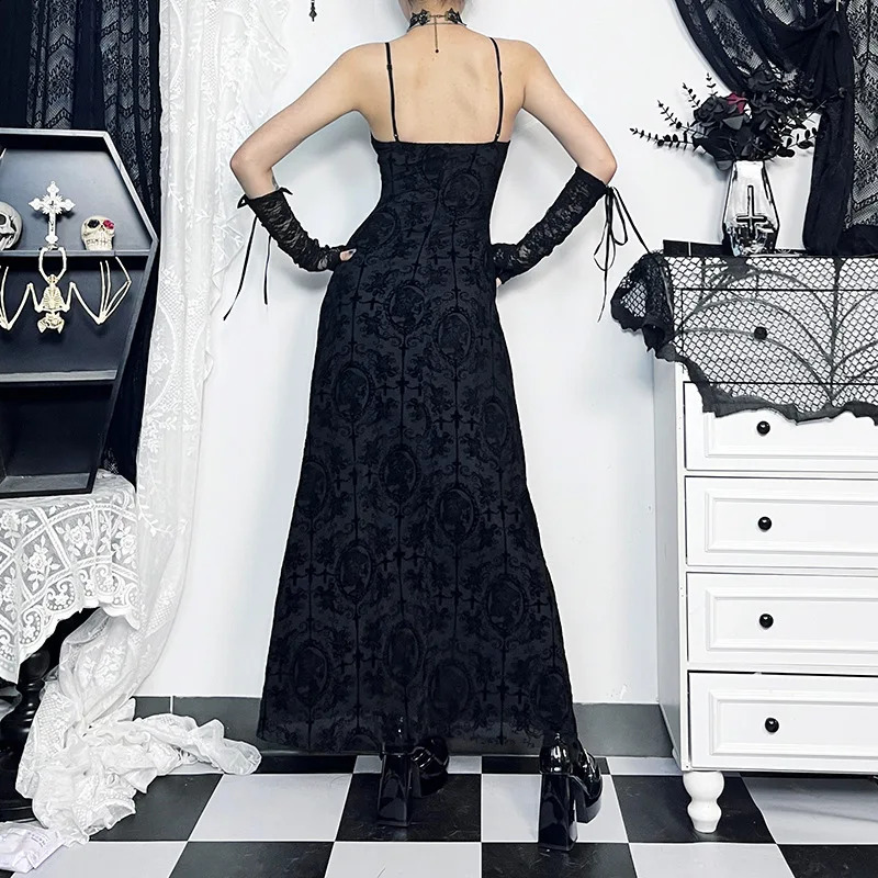 Goth Dark Cross Flocking Mall Gothic Aesthetic Dresses Grunge Punk Mesh Elegant Party Long Skirt Sling Slim Sexy Emo Alt Set 240823