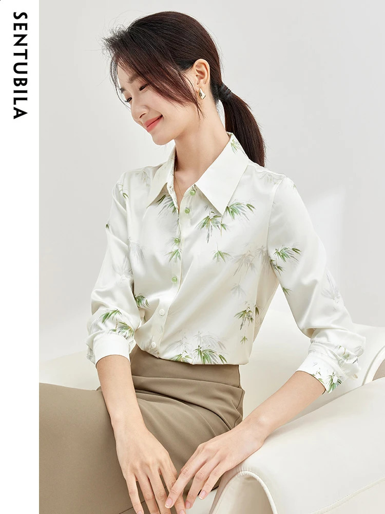 SENTUBILA Womens Chiffon Shirt Fashion Women Blouses Autumn Shirts With Bamboo Pattern Beautiful Long Sleeve Top 133C52014 240823
