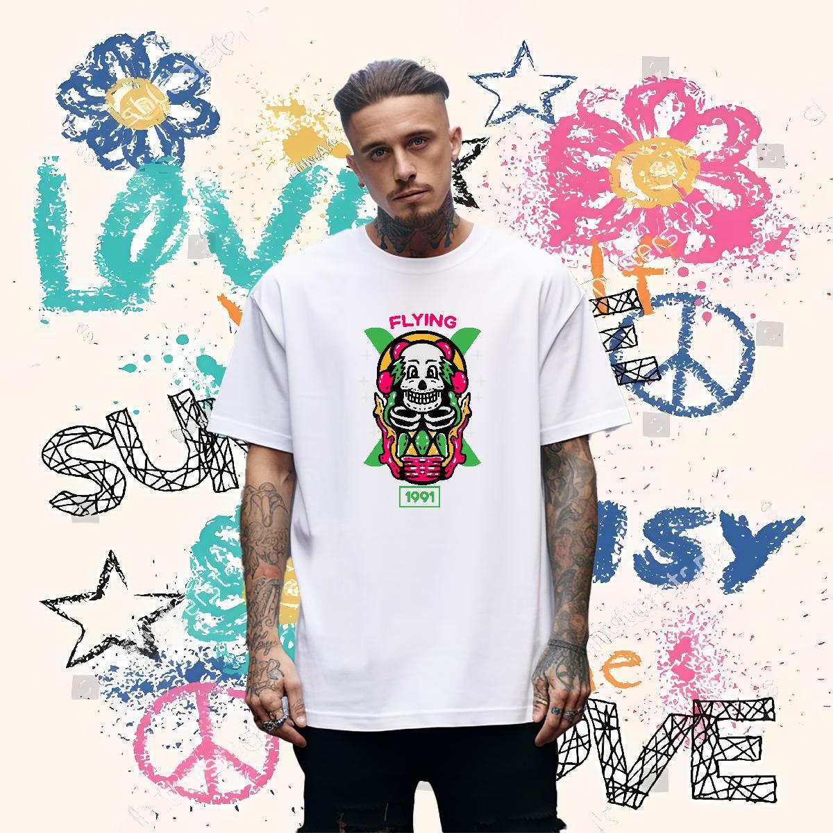 Cool Design T Shirts Men 230g Cotton skull Hip Hop Street DIY Printed Breathable Men Tshirts Stylist Tops Shirt