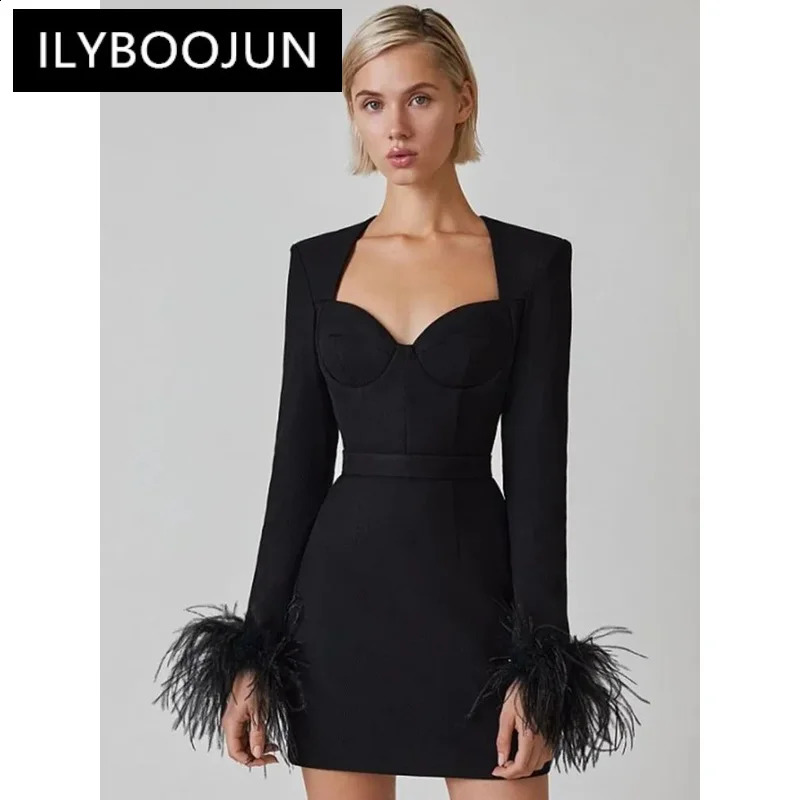 Women Winter Sexy Long Sleeve Feathers Pink Black Mini Bodycon Bandage Dress Elegant Evening Party Dress 240823
