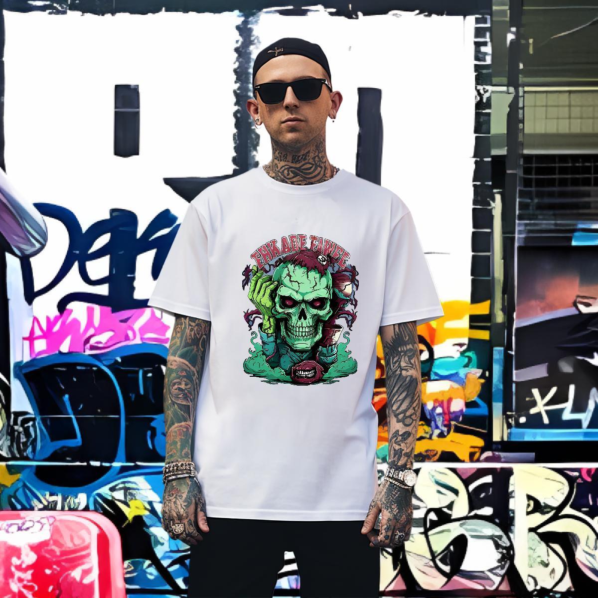 Cool T Shirt For Man 230g Pure Cotton skull Casual Anime Breathable Crew Neck Men Clothes T-Shirt DIY Customized Wear