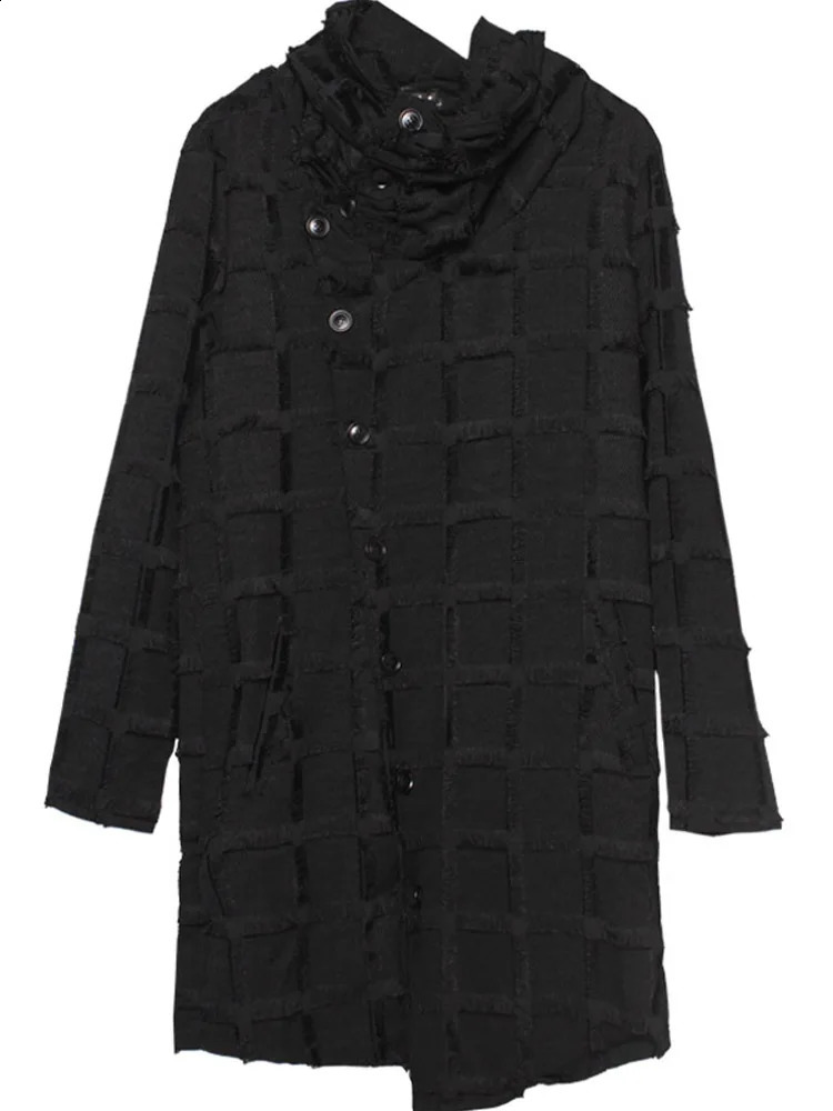 Techwear Style Tassel Plaid Punk Hip Hop Trench Coat Men Turtleneck Irregular n Long Jacket Street Casual Gothic Coat 240822