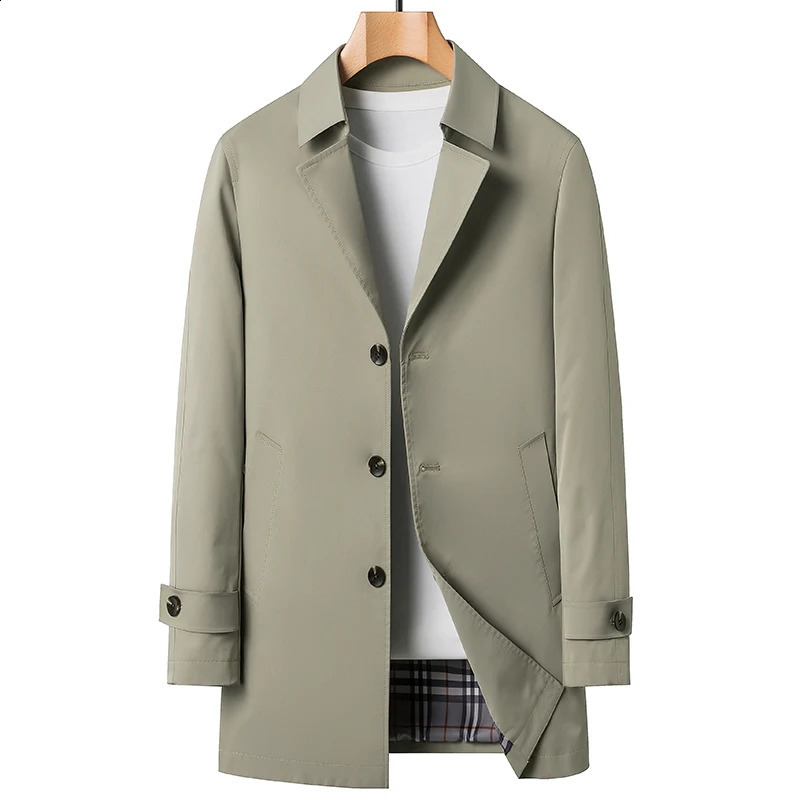 Business Casual Windbreaker Mens Spring And Autumn Solid Mid Length Coats Outerwear Loose Trench Jacket Lapel Top Overcoat 240822