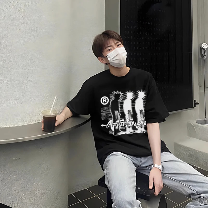 Mens Tshirt cotton oversized graphic print shadow Y2k streetwear top short sleeved hiphop Harajuku retro aesthetic clothing 240822