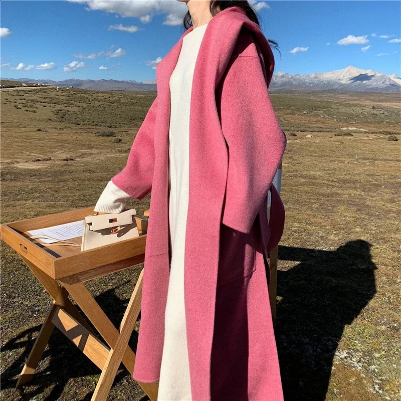 Mid-Length Autumn and Winter Hooded Double Sided Cotton Cashmere Coat Female 100% Wool Loose Thick Woolen Coat 240822