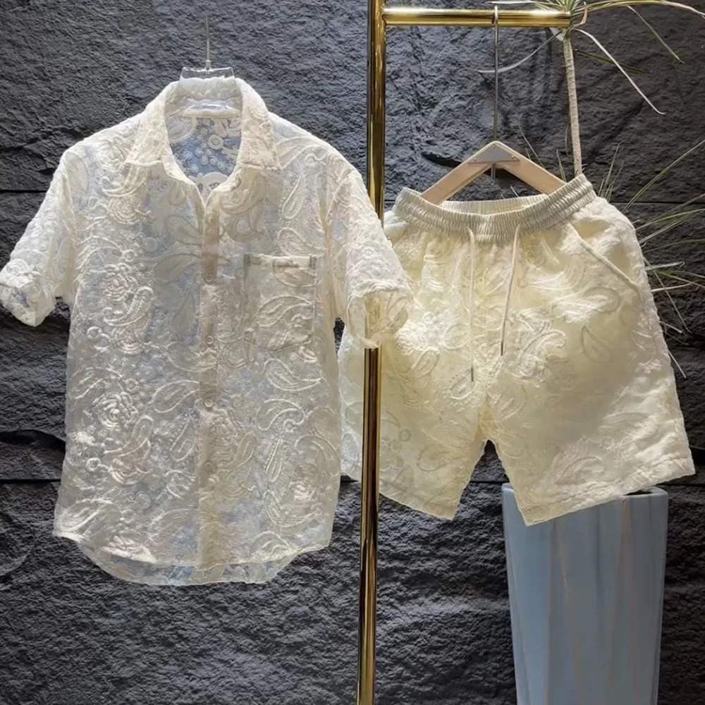 Mens Mesh Embroidery Transparent Shirt Shorts Two-Piece Suit Casual Breathable Light MenS Clothing Pants Are Not Transparent 240822