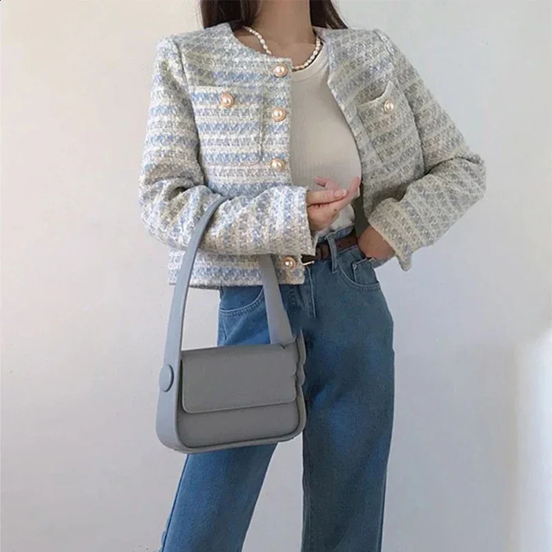 Elegant Women Cropped Coat Fashion Single-breasted Tweed Cardigan Jacket Autumn Winter Pearl Button Long Sleeve Outwear Tops 240823