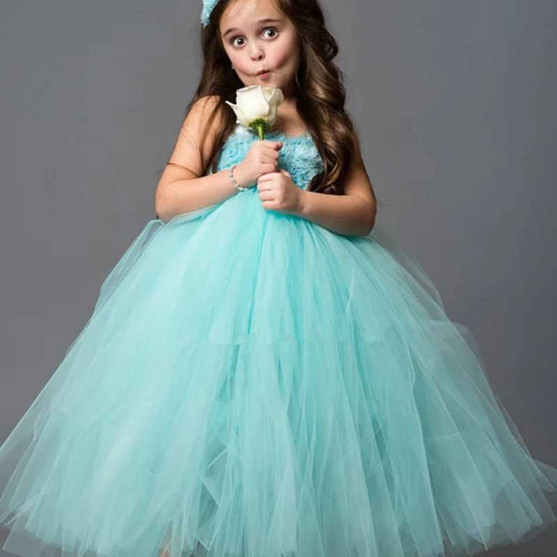 Baby girl Aqua Flower Tutu dress childrens crocheted chiffon dress ball dress headband childrens birthday party dress evening dress W240823