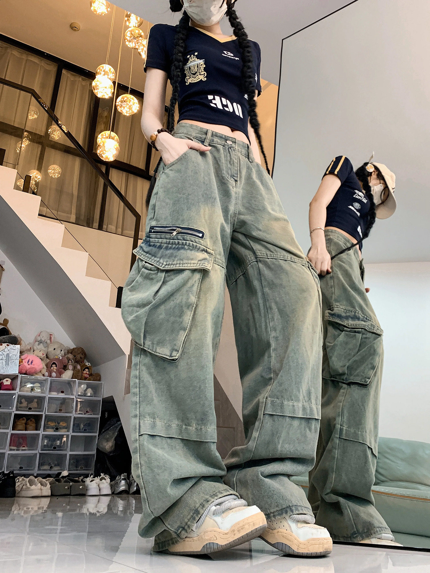 European American style pants for women retro blue fully matched Y2K jeans high waisted summer trendy womens w240824