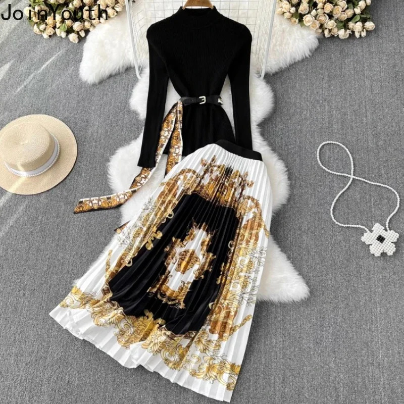 Temperament Outfits Korean Two Piece Sets Women Clothing Stand Neck Tunic Knitted Pullovers High Waist Floral Pleated Skirt Suit 240823