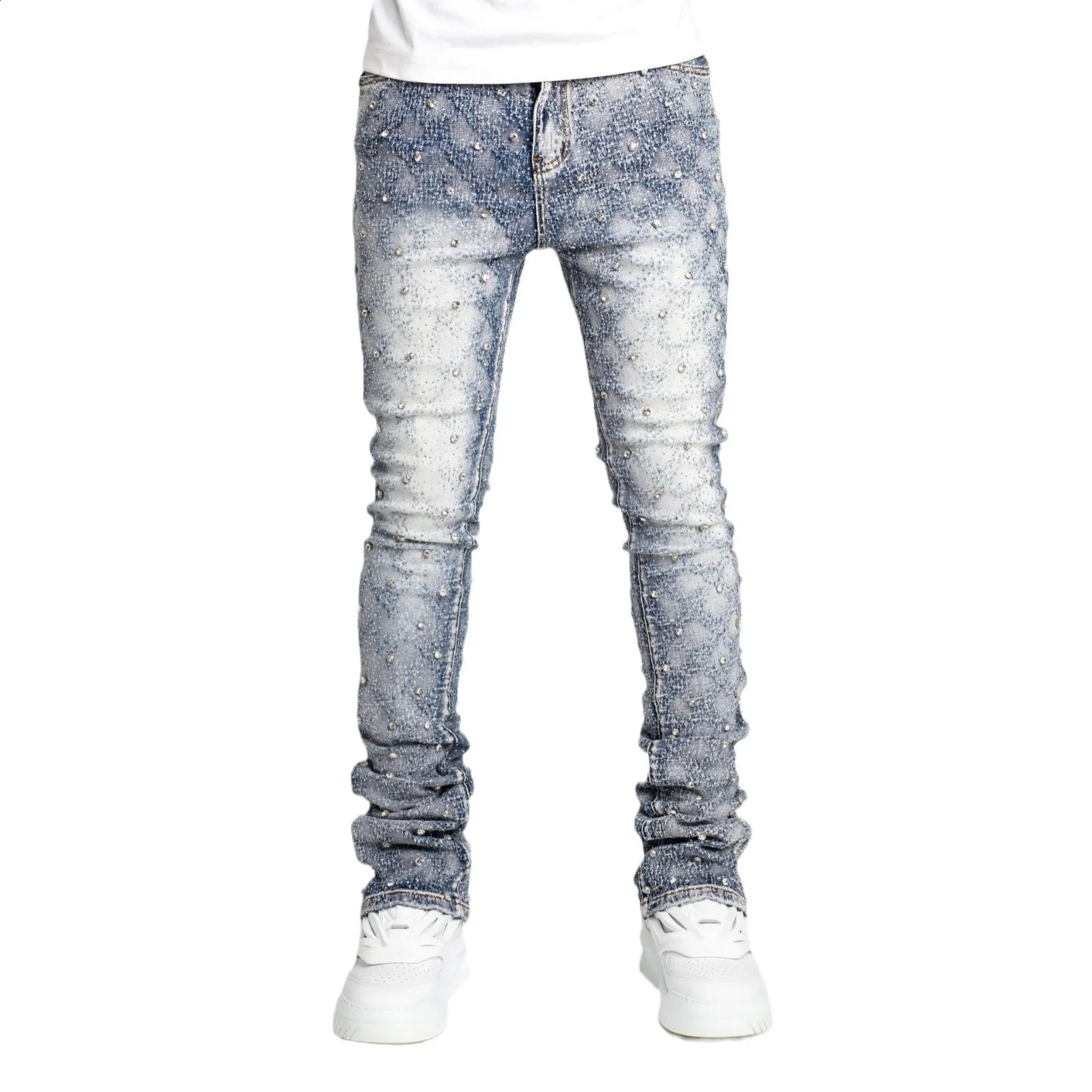 Blue Stretchy Pearls Skinny Jeans For Men Fashion Rhinestone European Street Personality Stacked Denim Pants 240822