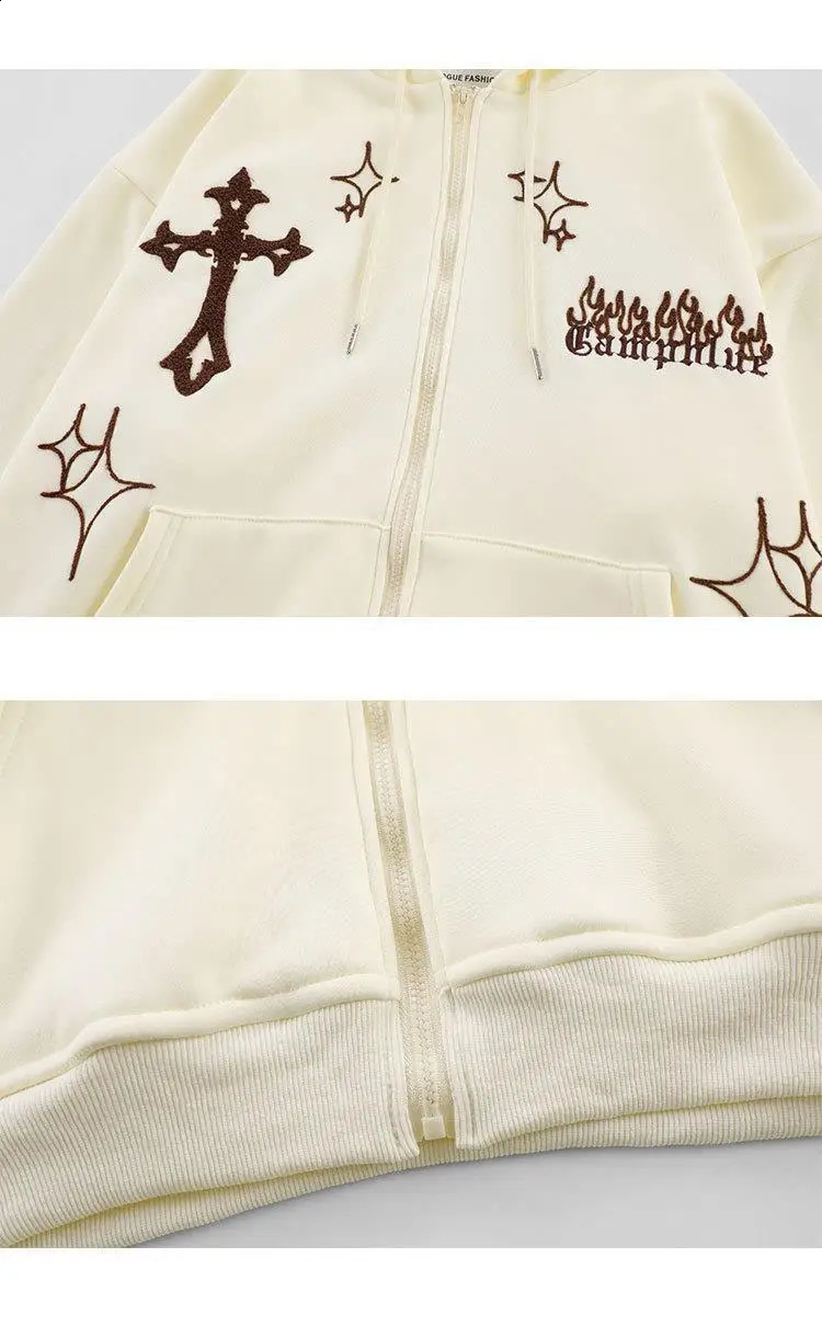 Mens Streetwear Cross Embroidery Zip Up Cardigan Hoodies Y2K Vintage Skeleton Spider Hoodie Men Oversize Black Hooded Sweatshirt 240823