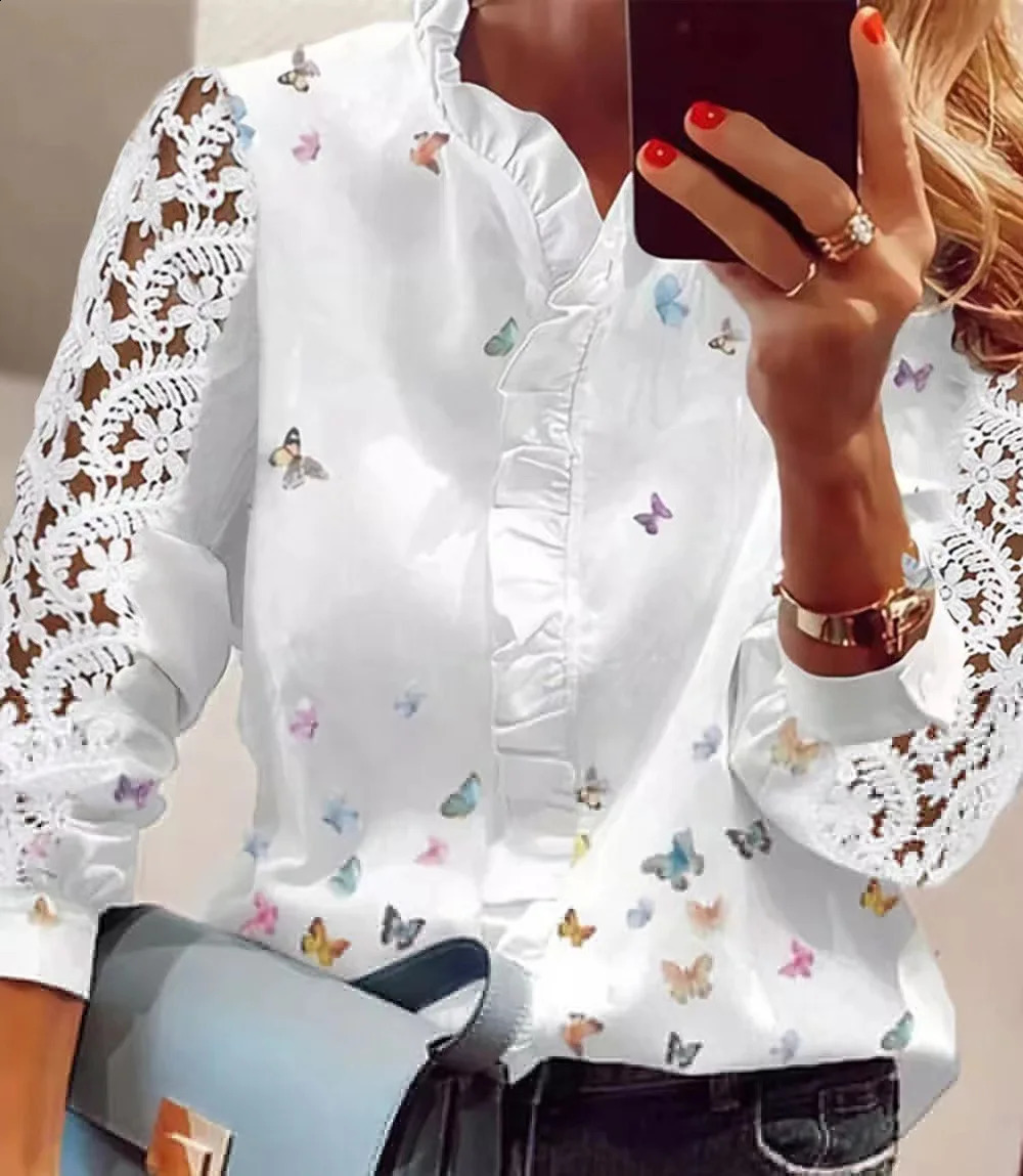 Elegant and youthful womens long sleeved shirt print white lace fashionable clothing 240822