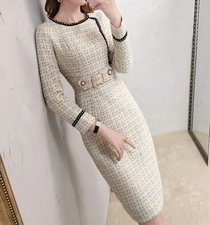 Arrival Winter Runway Long Sleeve Tweed Dress Autumn Elegant Ladies Office Vintage CasuNal Slim Dresses Vestidos H61 240823