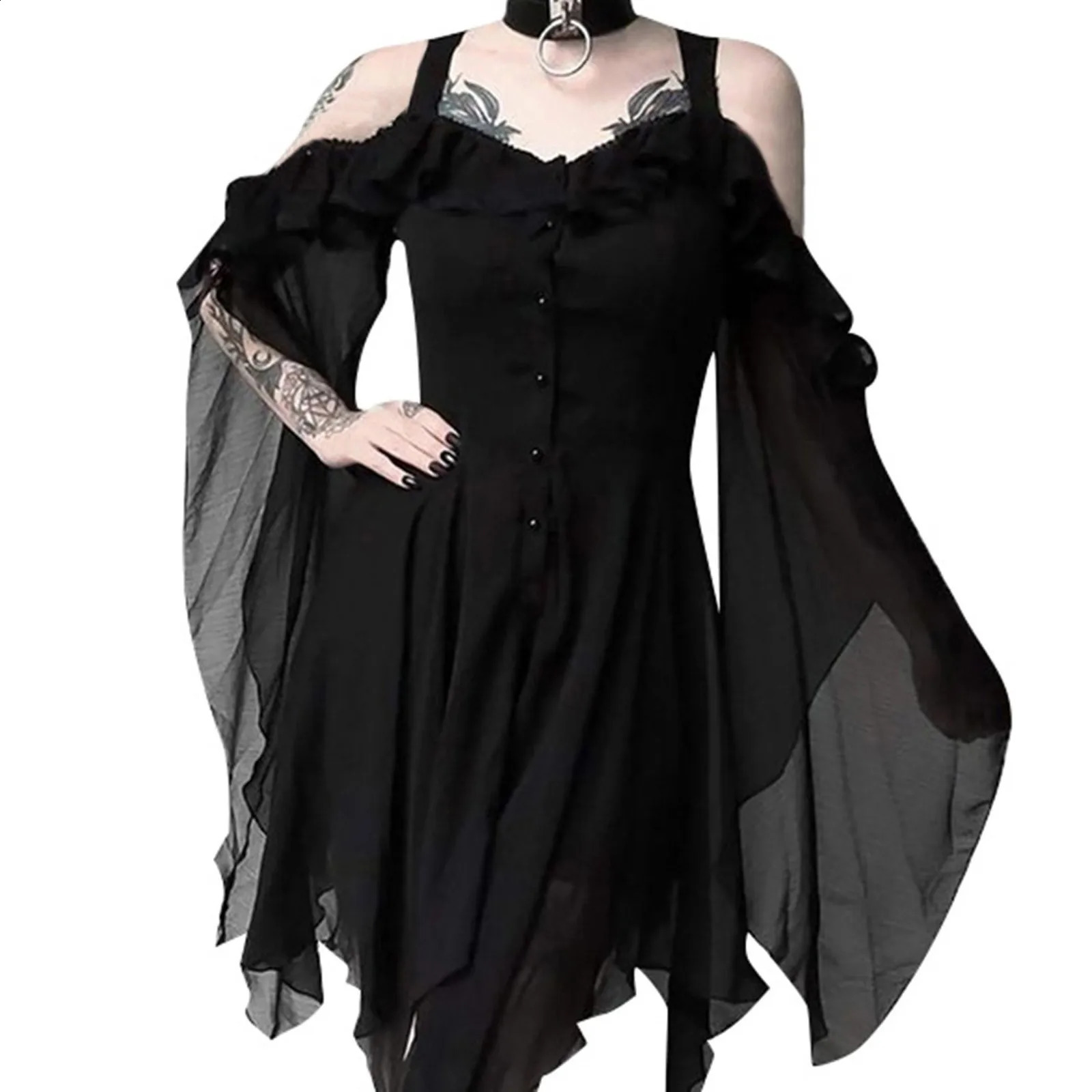 Gothic Witch Retro Dress Womens Sexy Hollow Lace Waist Horn Shoulders Halloween Costume w240824