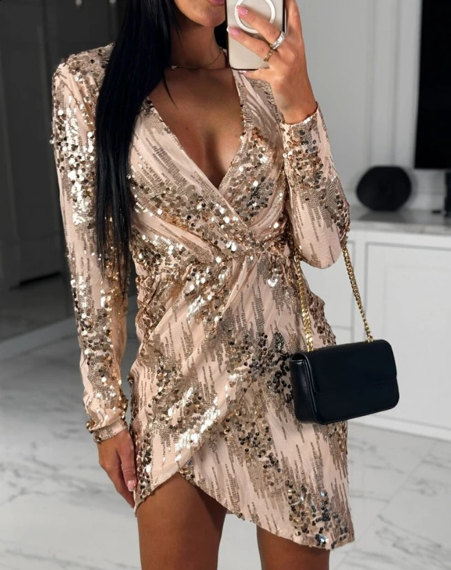 Elegant Party Dresses for Women Autumn Fashionable Sexy Deep V-Neck Slim Fit Ruched Plunge Long Sleeves Sequin Dress 240823