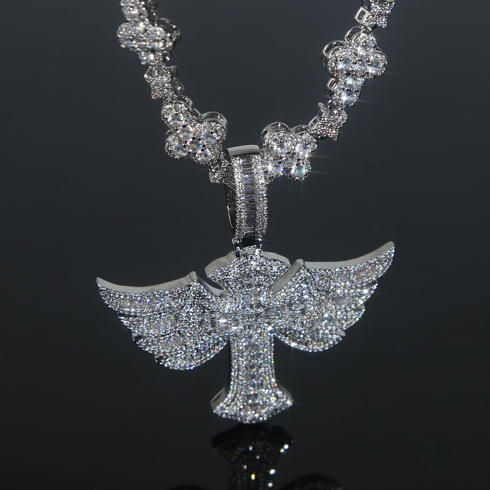 Hip Hop Wing Cross Cross Pendant Necklace with Chain 5A Zircon White Gold Plated Religious Men Jewelry