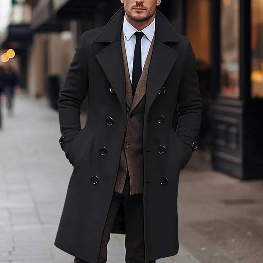 Mid-length Outwear Elegant Mens Woolen Coat with Lapel Double Breasted Design Stylish Long Sleeve Windbreaker for WinterXJ240822