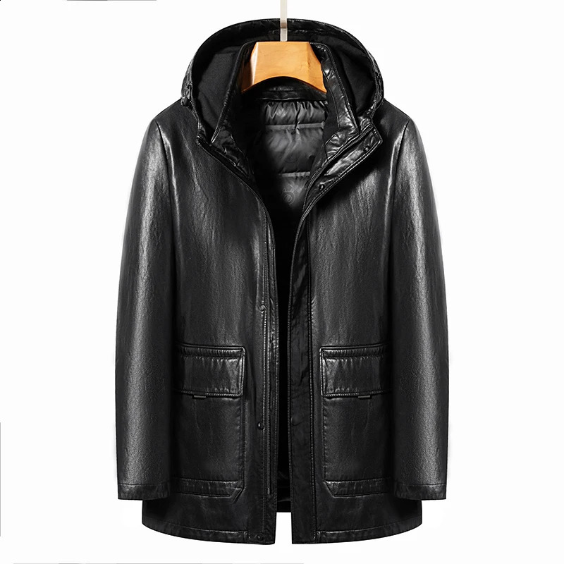 YN2268 Winter Senior Mens Hooded Natural Leather Down Jacket Medium length Detachable White Duck Lining 240822