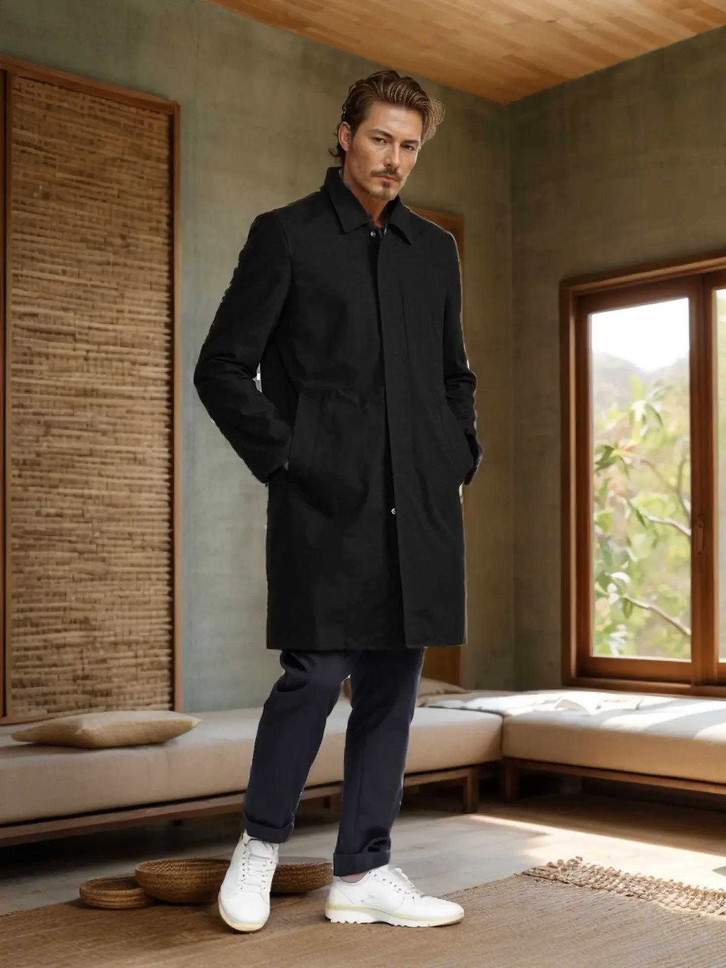 Korean Style Trendy Mens Solid Color Mid-Long Windbreaker for Spring and Autumn Outdoor Simple Commuting Coat S-XXL 240822