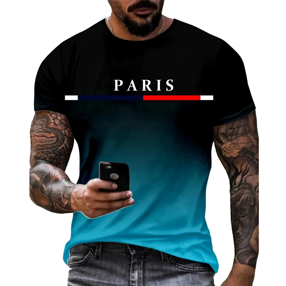 Fashionable mens Tshirt gradient color Paris graphic 3D printed casual short sleeved oversized top 240822