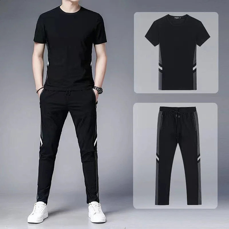 Pants Sets Gym Clothes for Men Jogging Tracksuit No Male T Shirt Smooth Top Black Sports Suits Fashion Kpop in Matching 240822