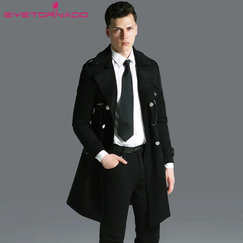Men Autumn Casual Suede Trench Coat Spring Double Breasted Black Work Business Slim Fit Belted Army Green Trench Plus Size S-6XL 240822