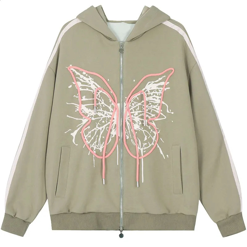 Hip Hop Hoodie Jacket Y2K Butterfly Graphic Print Full Zip Up Hooded Sweatshirt Coat Men Vintage Harajuku Baggy Streetwear Brown 240823