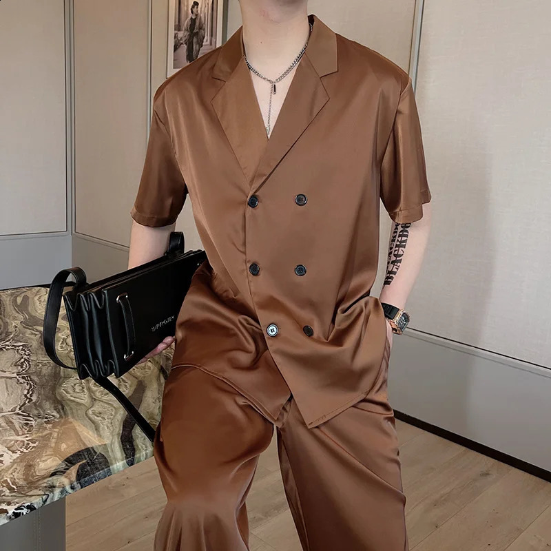 Summer Sets Men Fashion Double Breasted Short Sleeve Shirt/Trousers Two Piece Set Men Korean Loose Ice Silk Sets Mens Formal Set 240822