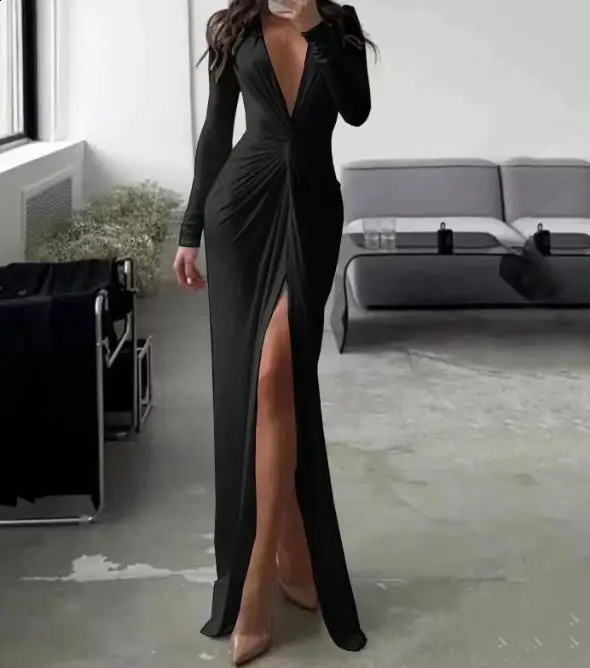 Autumn Winter Spring Fashion Casual Sexy V-Neck Long Sleeve Solid Slim Pleated Dress Elegant Party Dresses for Women 240823