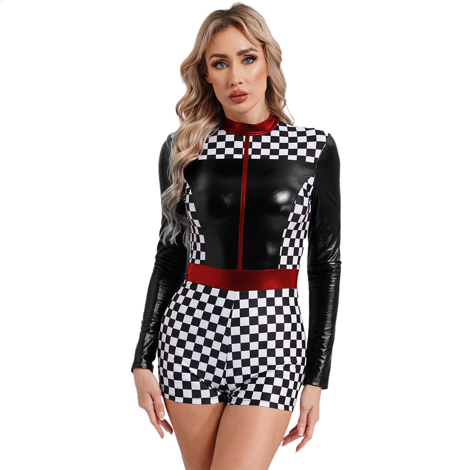 Womens Drive Racer cosplay clothing long sleeved checkered printed bodysuit racing jumpsuit carnival themed party club w240824