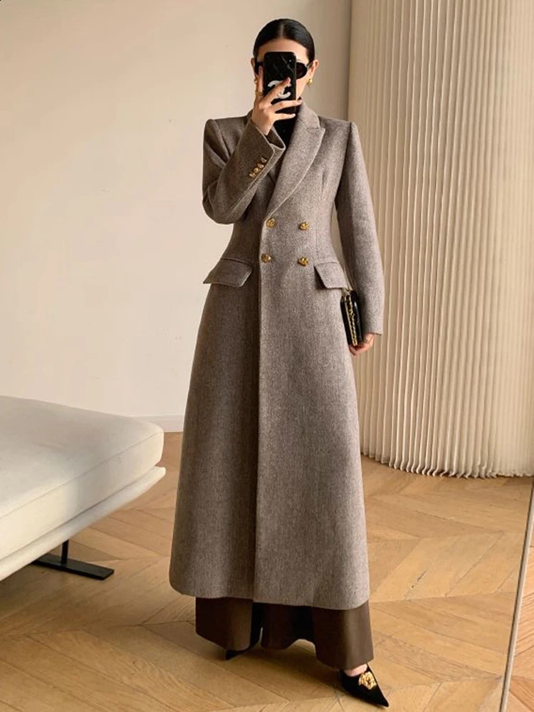 Long Wool Coat Women Elegant Woolen Blazer Jackets Vintage Korean Slim Suit Overcoat Winter Office Lady Casual Outwear 240822