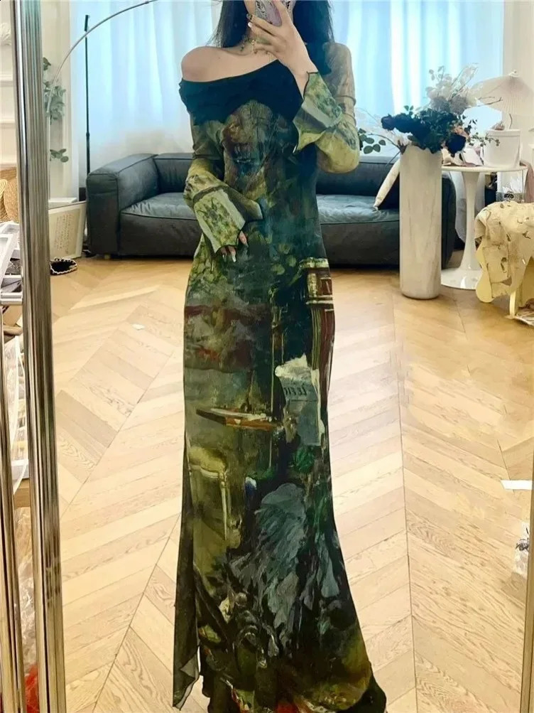 Elegant Vintage Green Print Dresses Y2k Skew Collar Long Sleeve Dress for Women Spring Slim Fit Bodycon Vestidos Mujer 240822