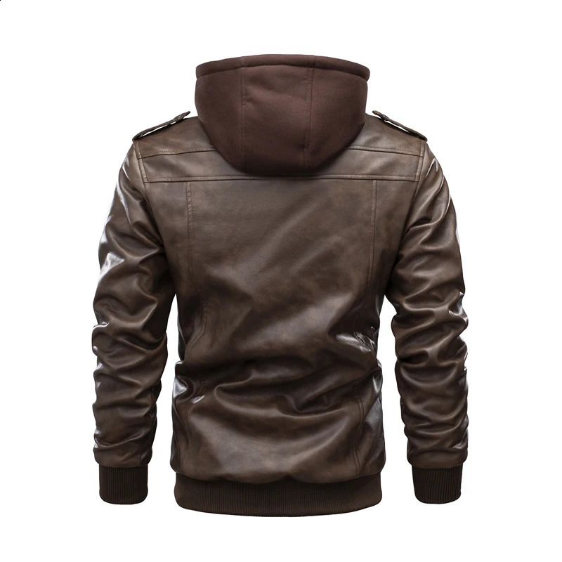 Faux leather jacket mens autumn and winter leather jacket mens windproof and warm motorcycle jacket hooded Pu jacket K483 240822