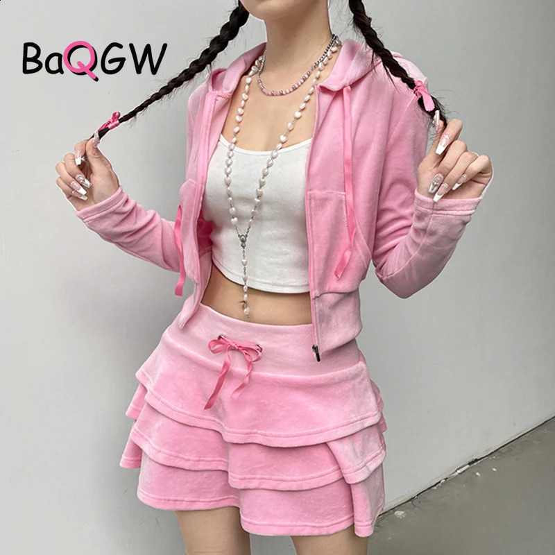 Sweet Korean Style Pink Zipper Hoodie and Tiered Mini Skirt Two Piece Set Women Sweet Y2K A-line Skirts Sweatshirts Suit Autumn 240823