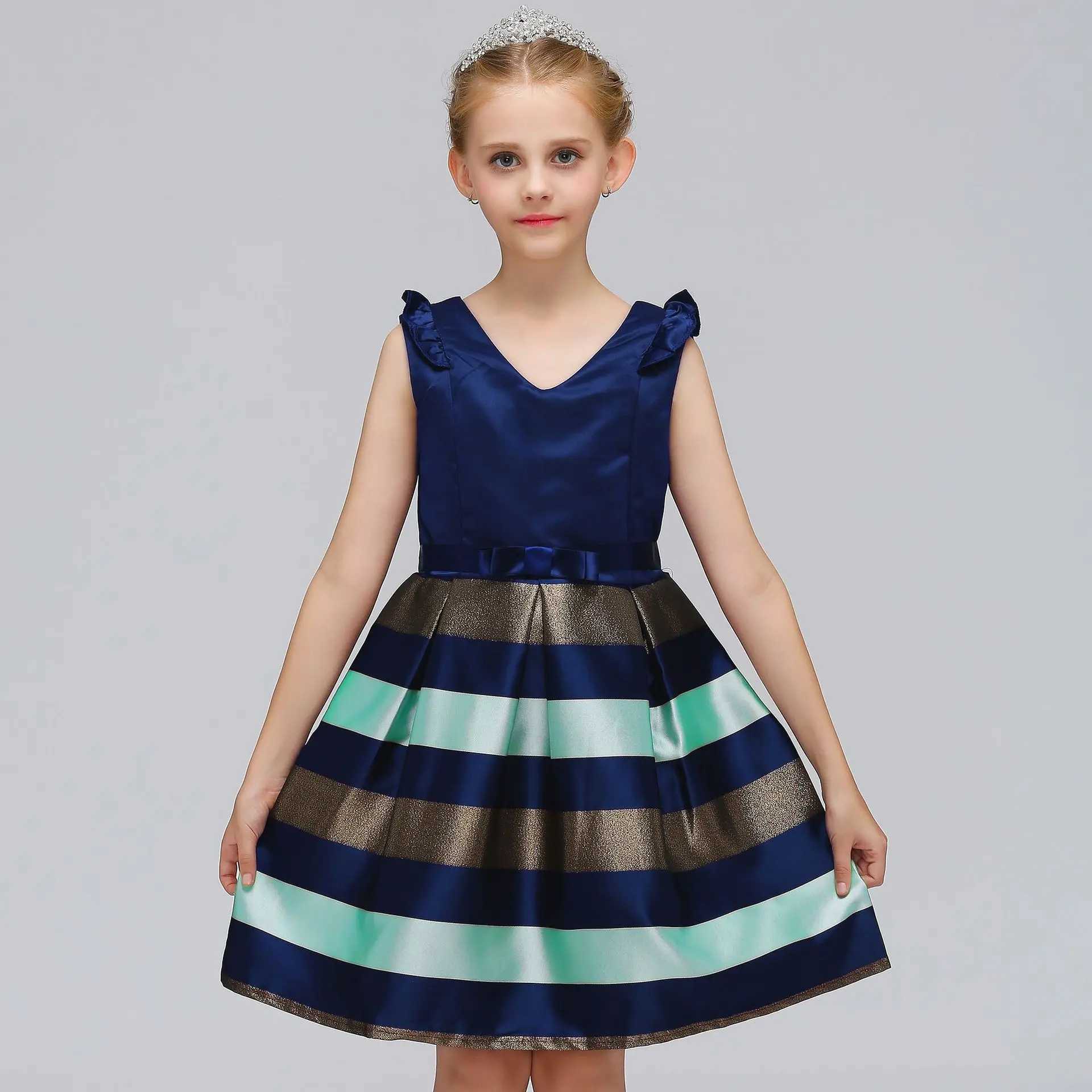 New Girl Striped Small Sleeves Bow Colorful Dress Birthday Party Flowers Boy Sweet Cute Dress W240823