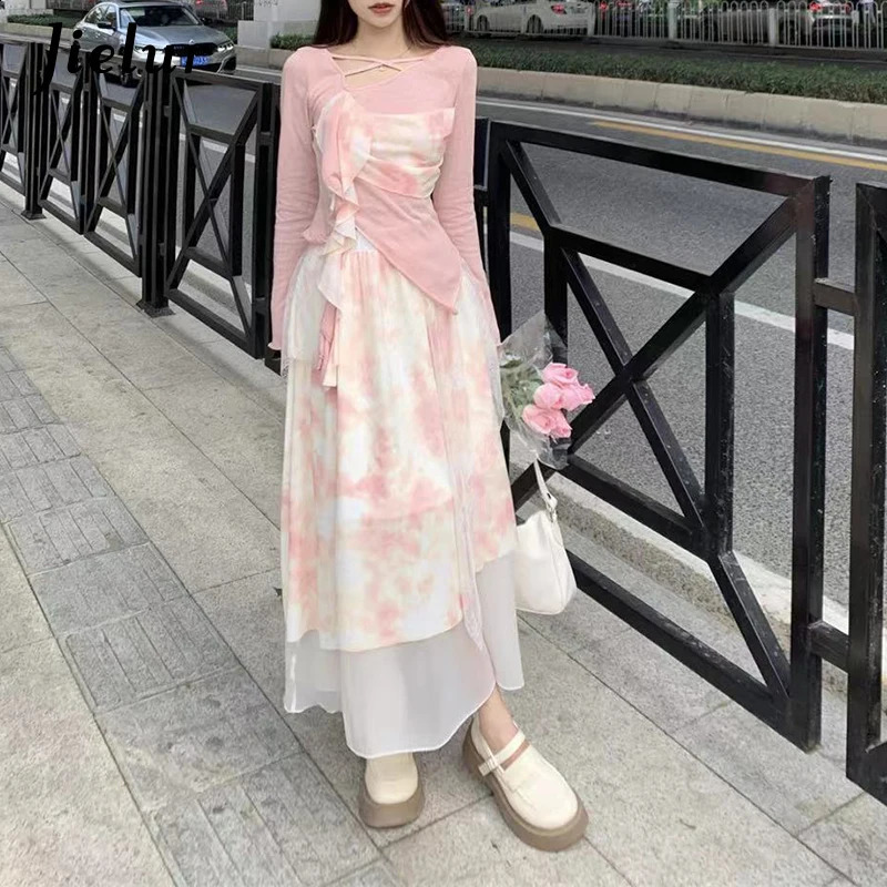Jielur Spring Fashion Sweet Women Irregular Dress Retro Panel Long Sleeved Top Fragmented Flower Half Skirt Two Piece Set Dress 240823