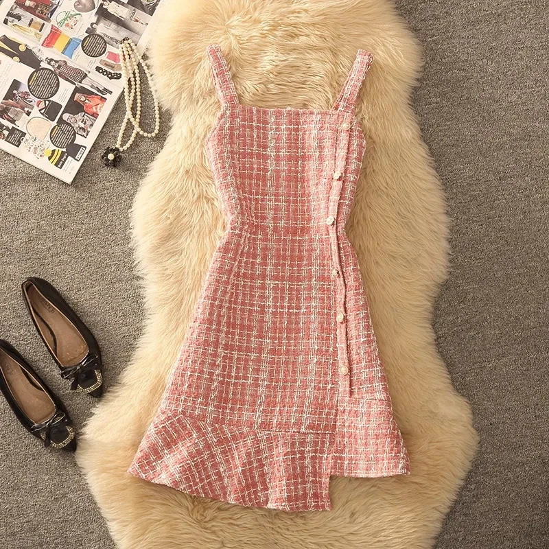 Autumn Winter Women Graceful Pink Tweed Vest Dress Sweater 1 or 2 Piece Set Asymmetric Overall Tank Dresses Knit Tops Outfits 240823