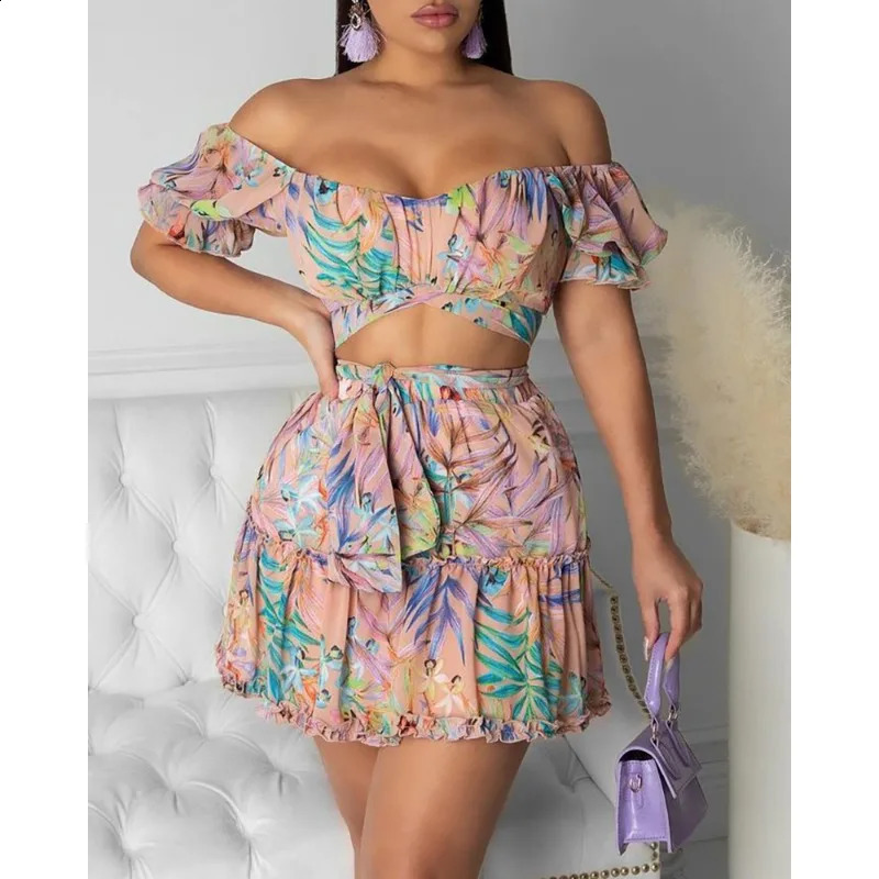 Summer Womens Clothing Floral Floral-Print off-Shoulder Short Top Skirt Suit Two-Piece Set 240823